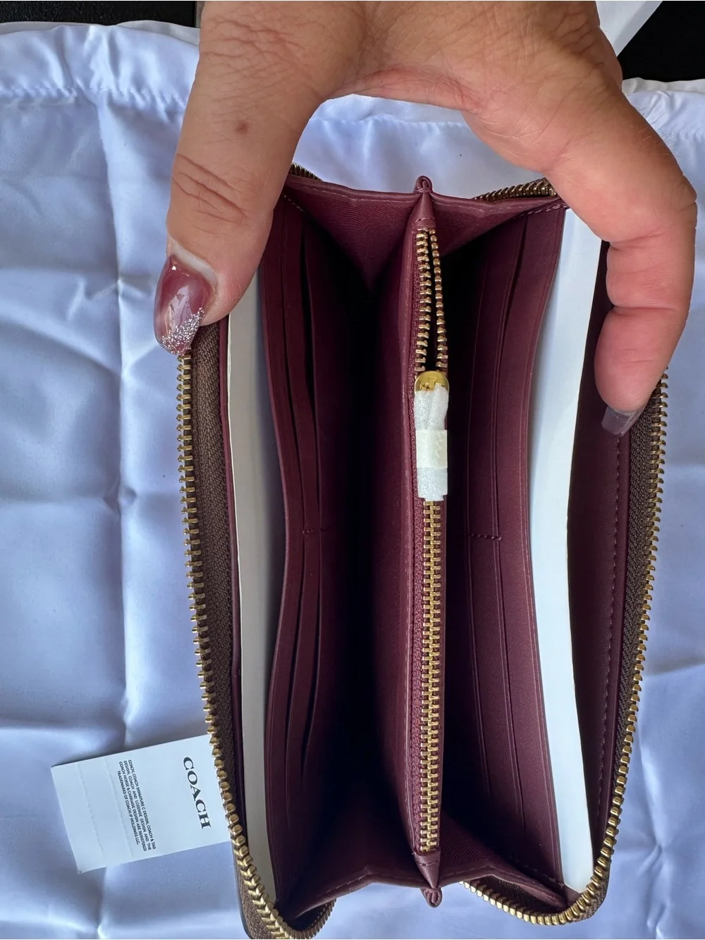 Coach Signature Zip Wallet with Maroon Center Panel and Gold 'C'